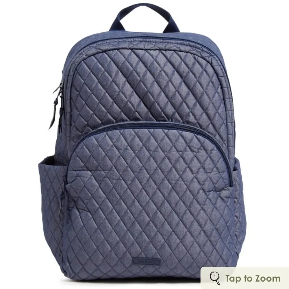 Vera Bradley Denim Moonlight Navy Large Laptop Essential Quilted Backpack 31L